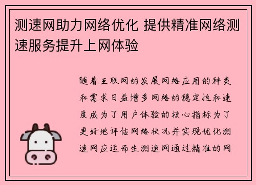 测速网助力网络优化 提供精准网络测速服务提升上网体验